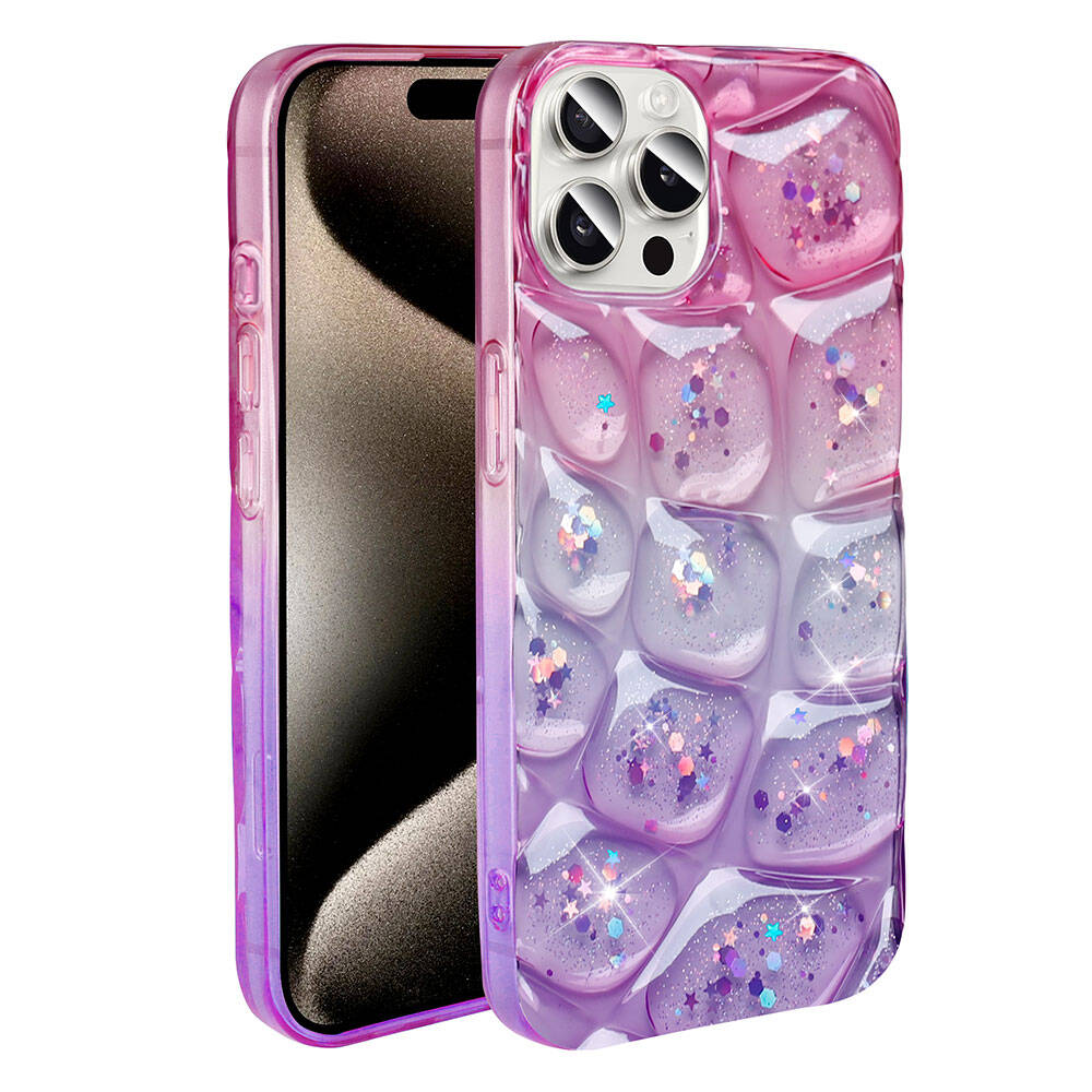 Apple iPhone 15 Pro Kılıf Simli 3D Desenli Zore Hacar Kapak Pembe-Mavi