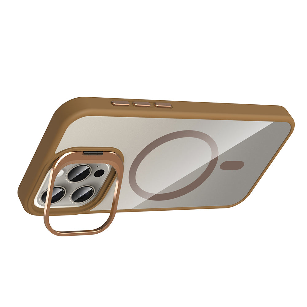 Apple iPhone 15 Pro Kılıf Standlı ve Kamera Lens Hediyeli M-Safe Şarj Özellikli Zore Etro Kapak Gri