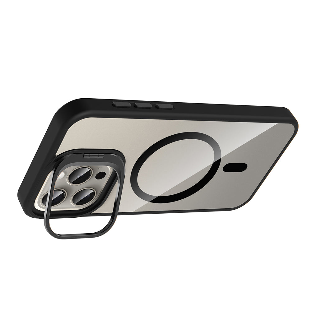 Apple iPhone 15 Pro Kılıf Standlı ve Kamera Lens Hediyeli M-Safe Şarj Özellikli Zore Etro Kapak Pembe