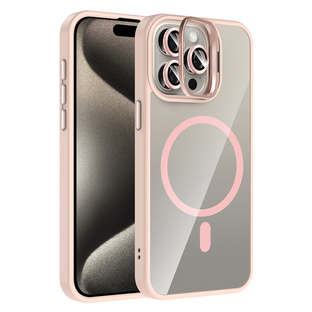 Apple iPhone 15 Pro Kılıf Standlı ve Kamera Lens Hediyeli M-Safe Şarj Özellikli Zore Etro Kapak Desert Titanyum