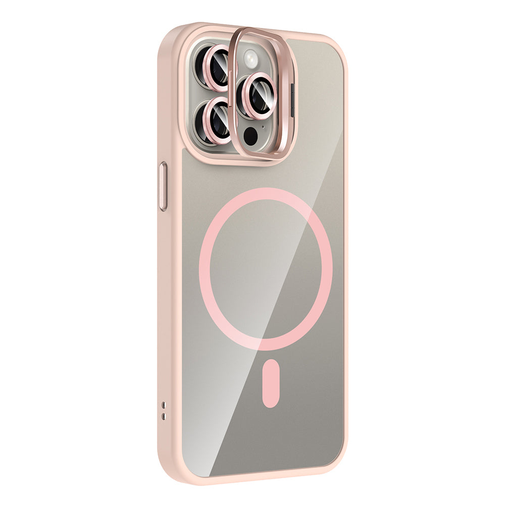 Apple iPhone 15 Pro Kılıf Standlı ve Kamera Lens Hediyeli M-Safe Şarj Özellikli Zore Etro Kapak Pembe