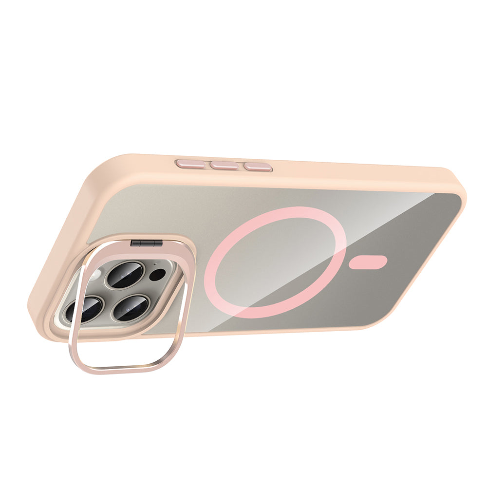 Apple iPhone 15 Pro Kılıf Standlı ve Kamera Lens Hediyeli M-Safe Şarj Özellikli Zore Etro Kapak Pembe