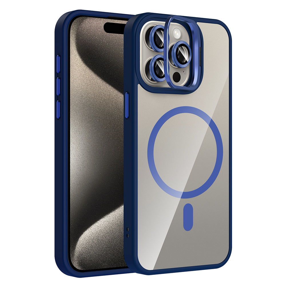 Apple iPhone 15 Pro Kılıf Standlı ve Kamera Lens Hediyeli M-Safe Şarj Özellikli Zore Etro Kapak Lacivert