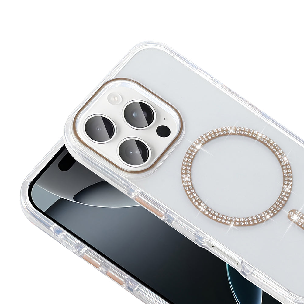 Apple iPhone 15 Pro Kılıf Taşlı Tasarım M-safe Şarj Özellikli Zore Koment Silikon Kapak Gümüş