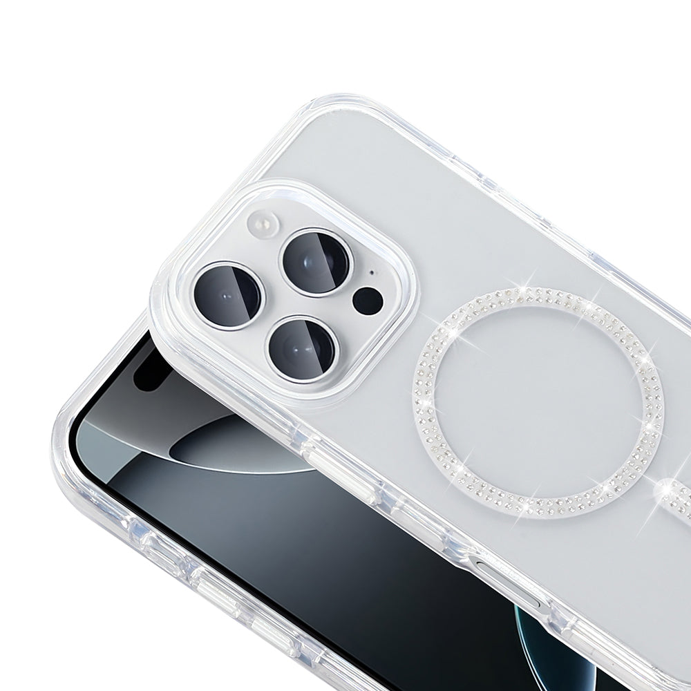 Apple iPhone 15 Pro Kılıf Taşlı Tasarım M-safe Şarj Özellikli Zore Koment Silikon Kapak Gümüş