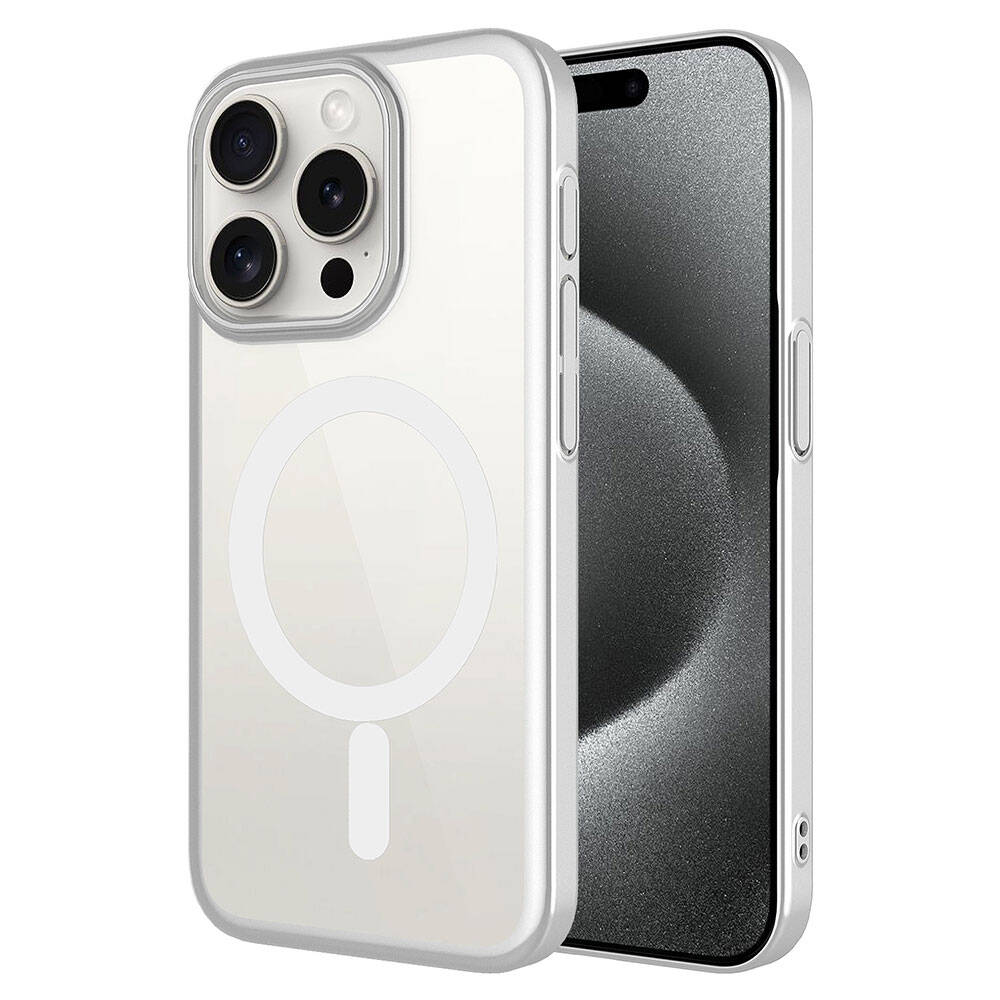 Apple iPhone 15 Pro Kılıf Wireless Şarj Özellikli Sert PC Zore Mat Riksos M-safe Kapak Gümüş