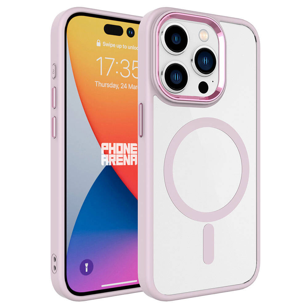 Apple iPhone 15 Pro Kılıf Wireless Şarj Özellikli Zore Krom M-safe Silikon Kapak Pembe Açık