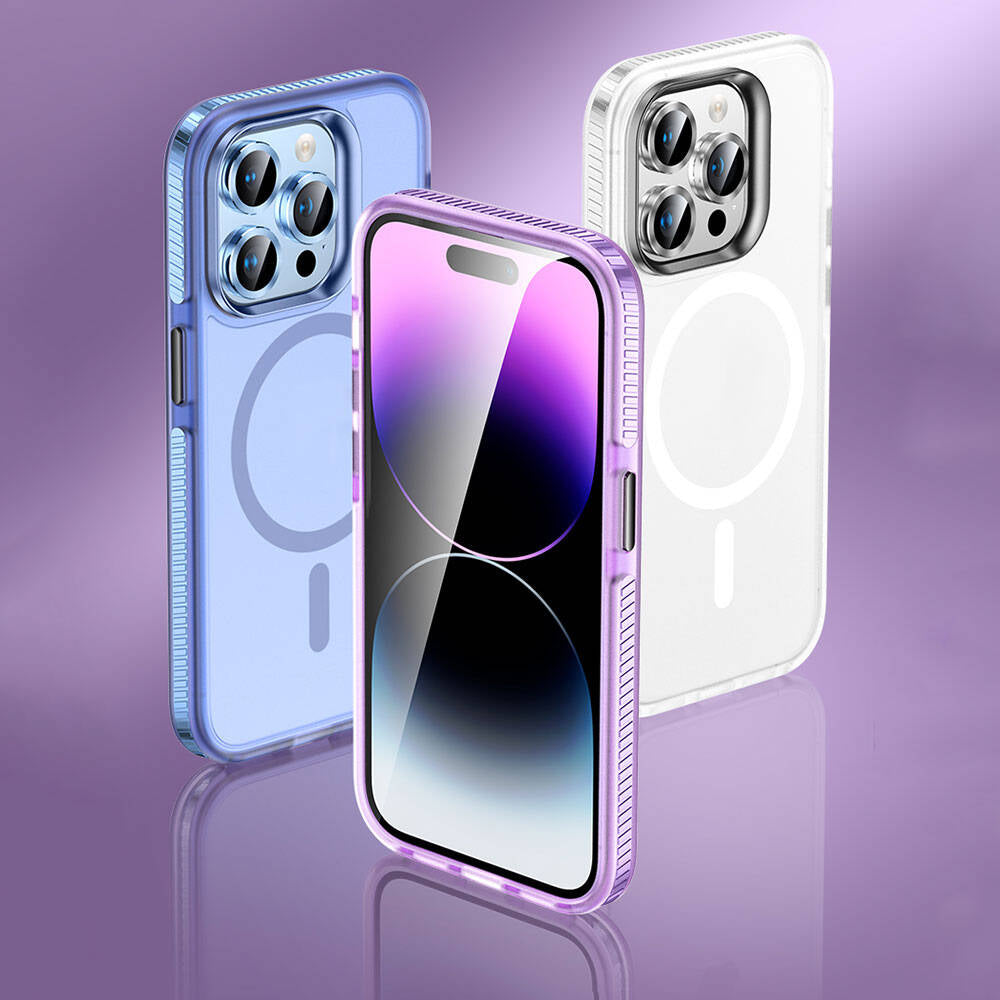 Apple iPhone 15 Pro Max Kılıf Airbagli M-safe Wireless Şarj Özellikli Lens Koruyuculu Zore Klaptika Kapak Mavi