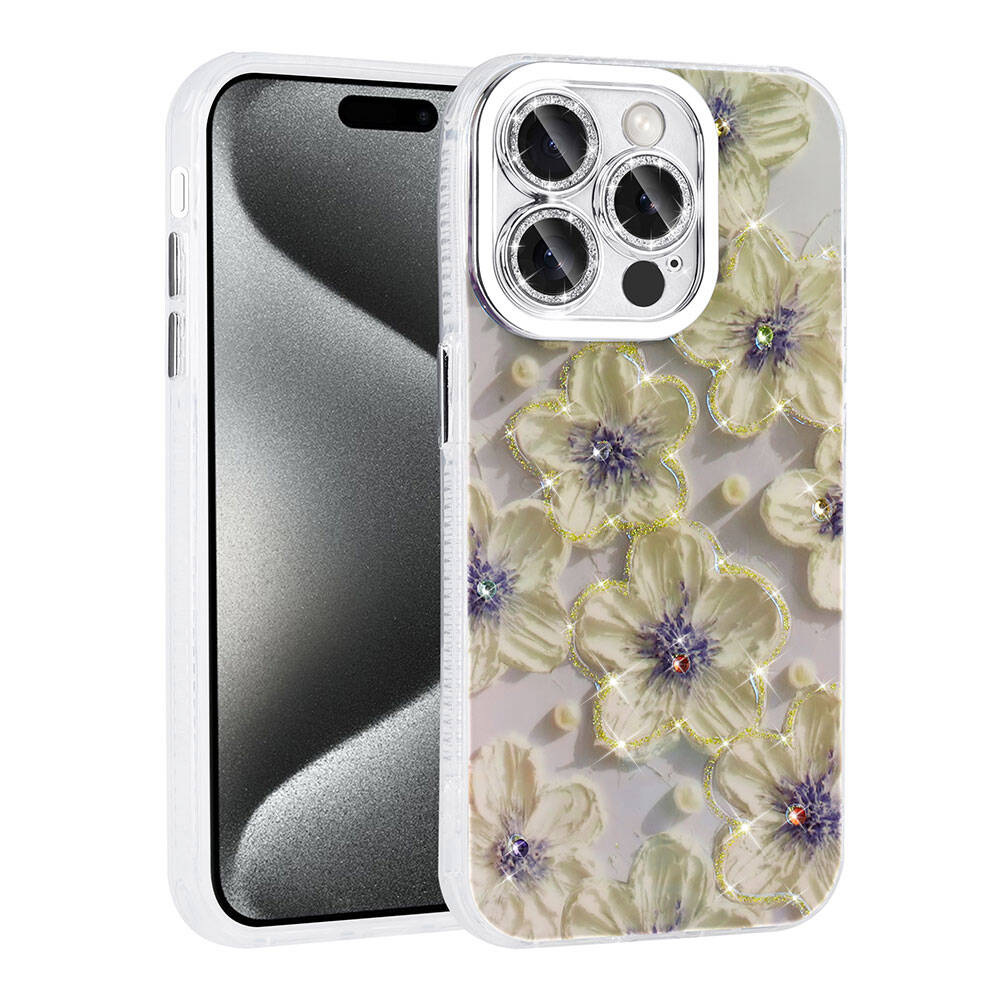 Apple iPhone 15 Pro Max Kılıf Çiçek Desenli Parlak Taşlı Sert Silikon Zore Garden Kapak Mavi
