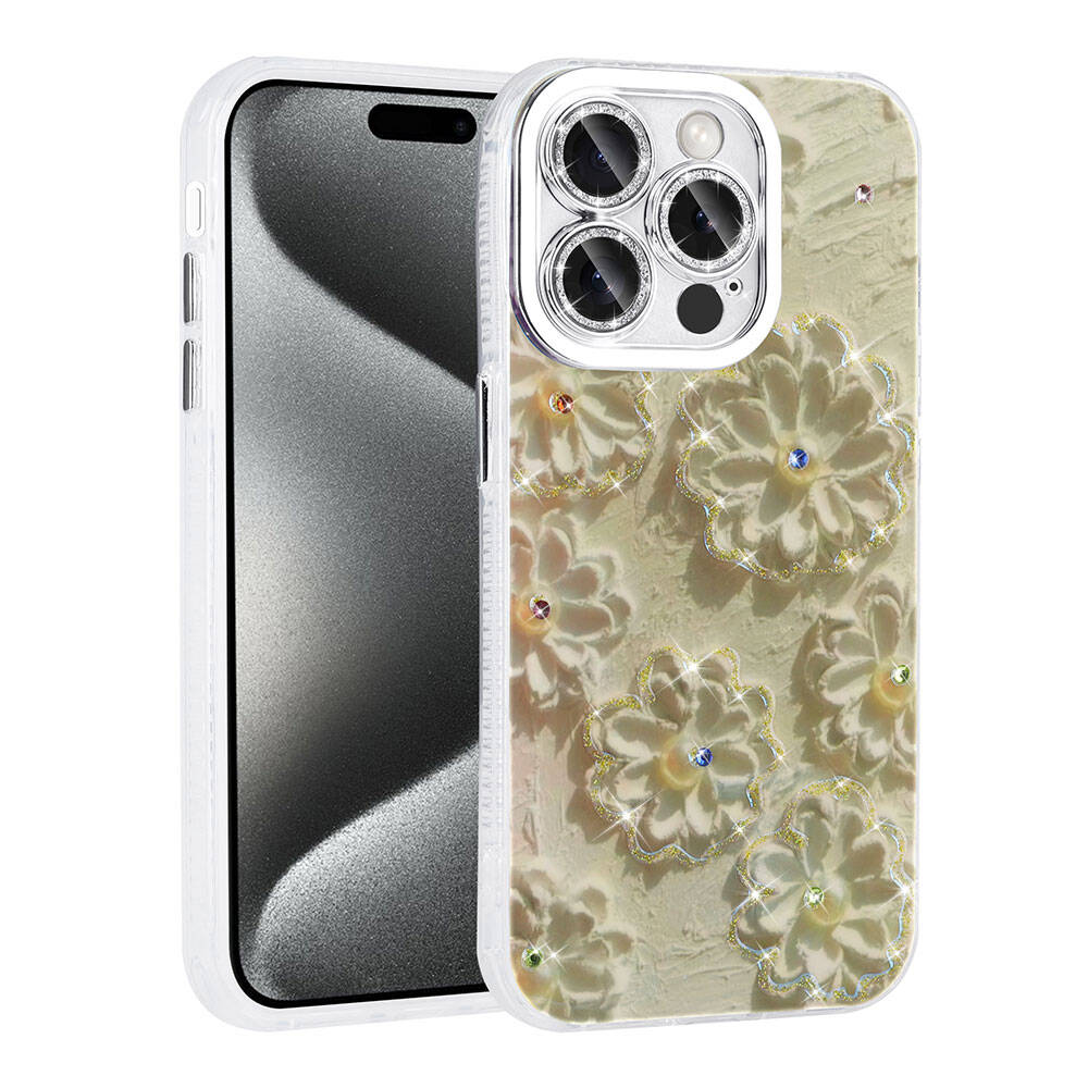 Apple iPhone 15 Pro Max Kılıf Çiçek Desenli Parlak Taşlı Sert Silikon Zore Garden Kapak Beyaz