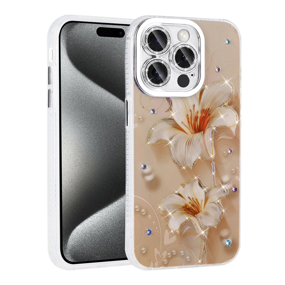 Apple iPhone 15 Pro Max Kılıf Çiçek Desenli Parlak Taşlı Sert Silikon Zore Garden Kapak Beyaz