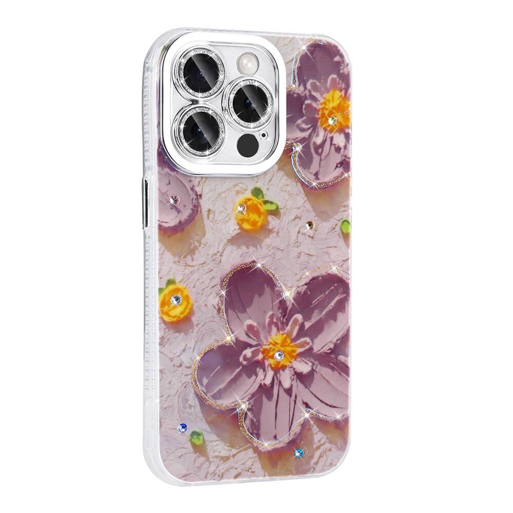 Apple iPhone 15 Pro Max Kılıf Çiçek Desenli Parlak Taşlı Sert Silikon Zore Garden Kapak Beyaz