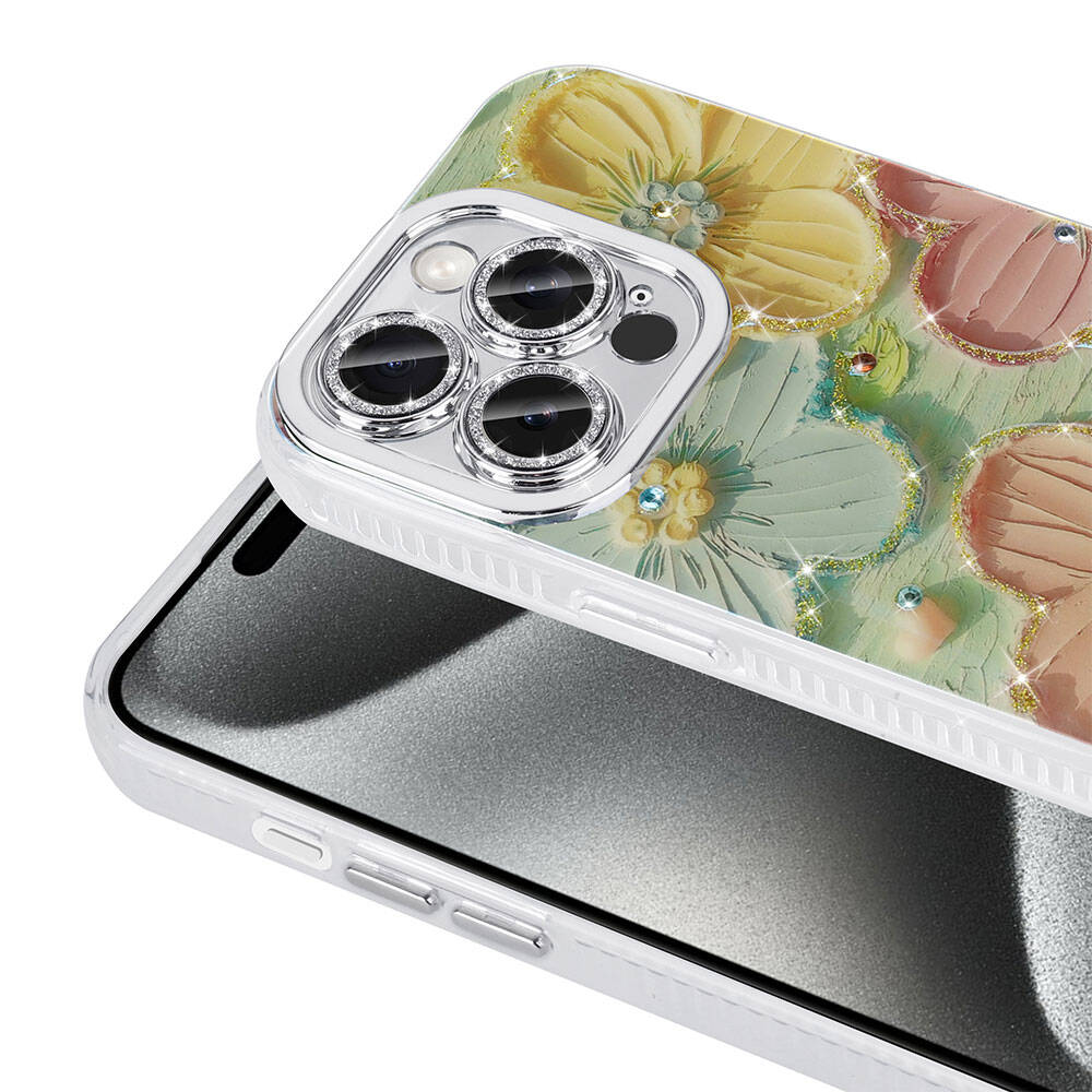 Apple iPhone 15 Pro Max Kılıf Çiçek Desenli Parlak Taşlı Sert Silikon Zore Garden Kapak Beyaz