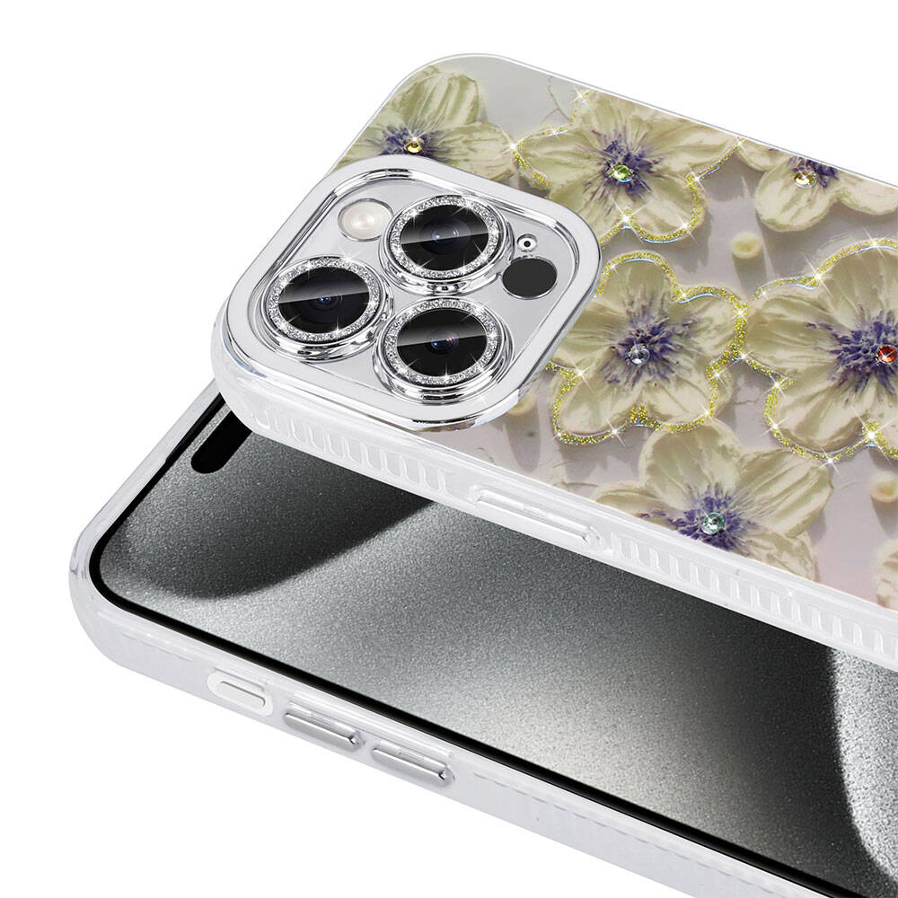 Apple iPhone 15 Pro Max Kılıf Çiçek Desenli Parlak Taşlı Sert Silikon Zore Garden Kapak Beyaz