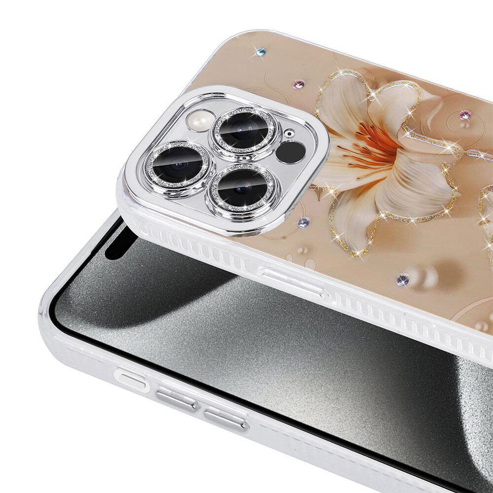 Apple iPhone 15 Pro Max Kılıf Çiçek Desenli Parlak Taşlı Sert Silikon Zore Garden Kapak Beyaz