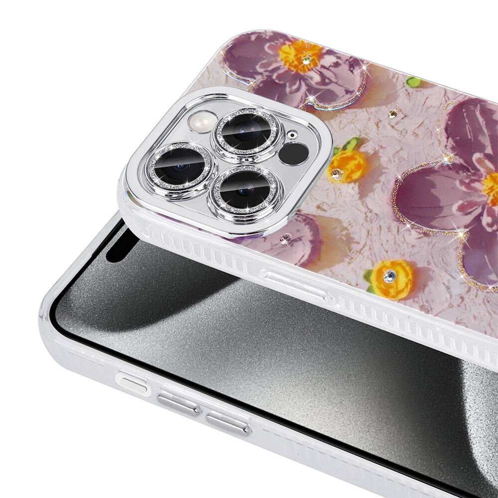 Apple iPhone 15 Pro Max Kılıf Çiçek Desenli Parlak Taşlı Sert Silikon Zore Garden Kapak Beyaz