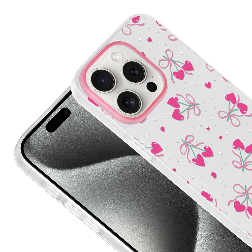 Apple iPhone 15 Pro Max Kılıf Kamera Korumalı Desenli Zore Klip Kapak Kalpli Kiraz