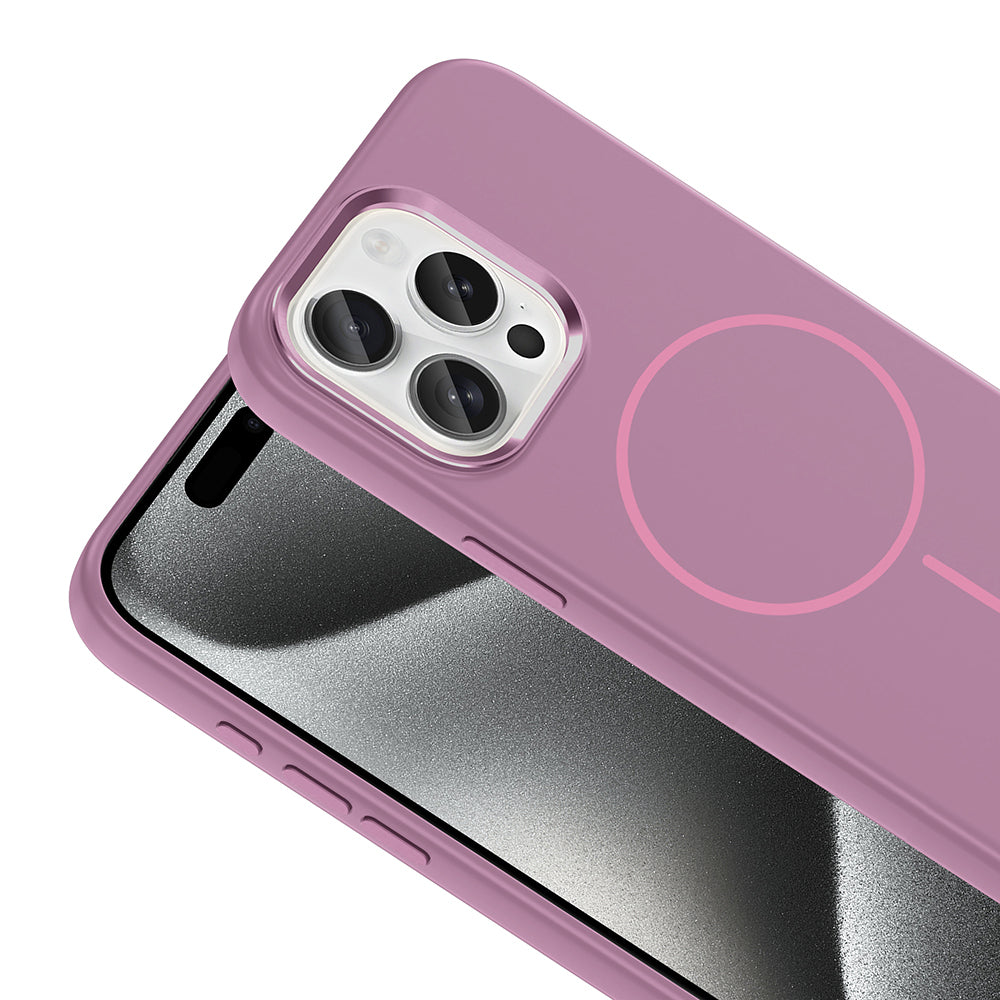 Apple iPhone 15 Pro Max Kılıf M-Safe Şarj Özellikli Metal Kamera Çerçeveli Zore Edi Silikon Kapak Lila