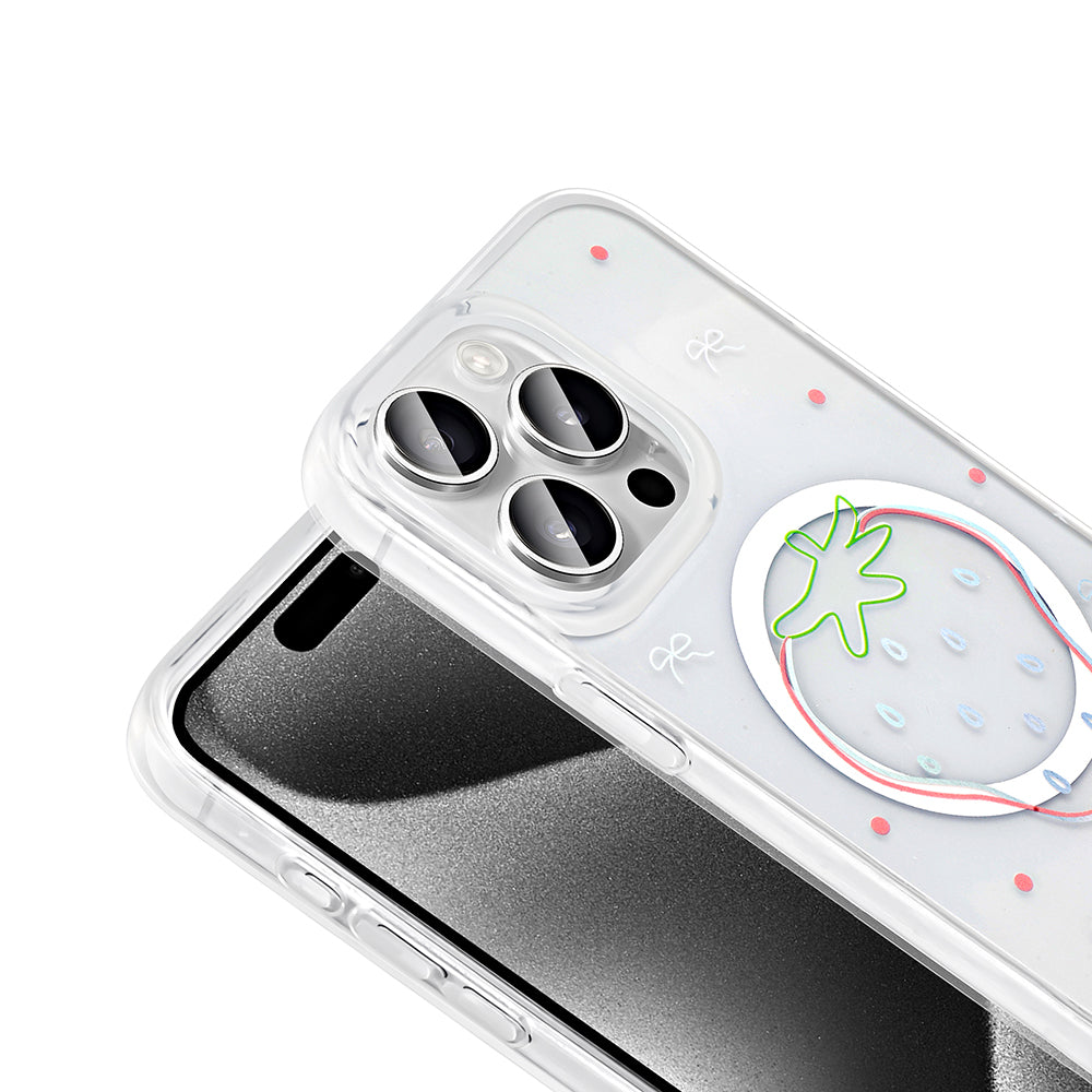Apple iPhone 15 Pro Max Kılıf M-Safe Şarj Özellikli Şeffaf Zore Folk Sert Kapak Çilek