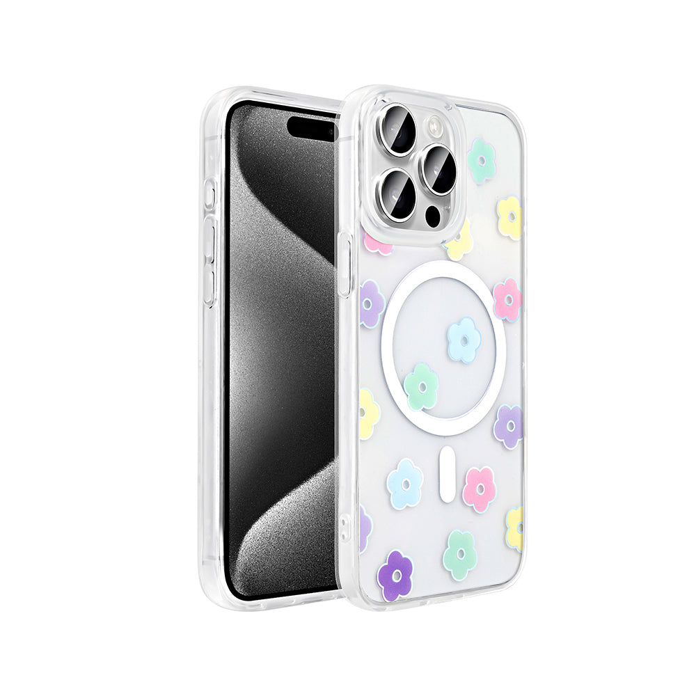 Apple iPhone 15 Pro Max Kılıf M-Safe Şarj Özellikli Şeffaf Zore Folk Sert Kapak Papatya