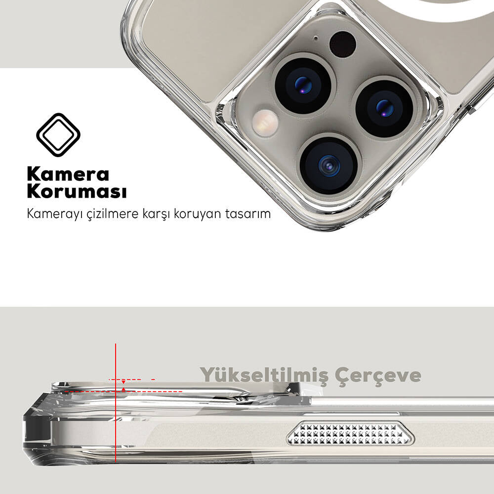 Apple iPhone 15 Pro Max Kılıf M-safe Şarj Özellikli Airbagli Şeffaf Zore İncek Kapak Şeffaf