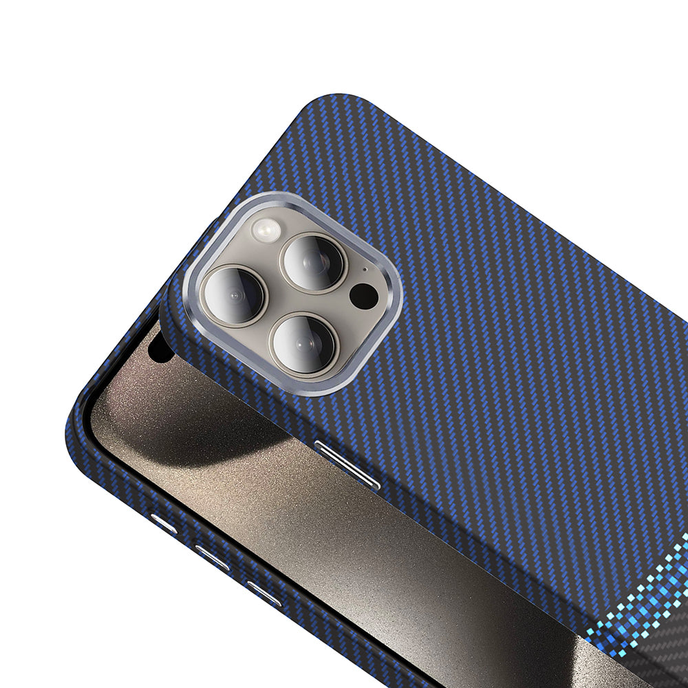 Apple iPhone 15 Pro Max Kılıf M-safe Şarj Özellikli Karbon Fiber Görünümlü Zore Gros Kapak Siyah-Lacivert