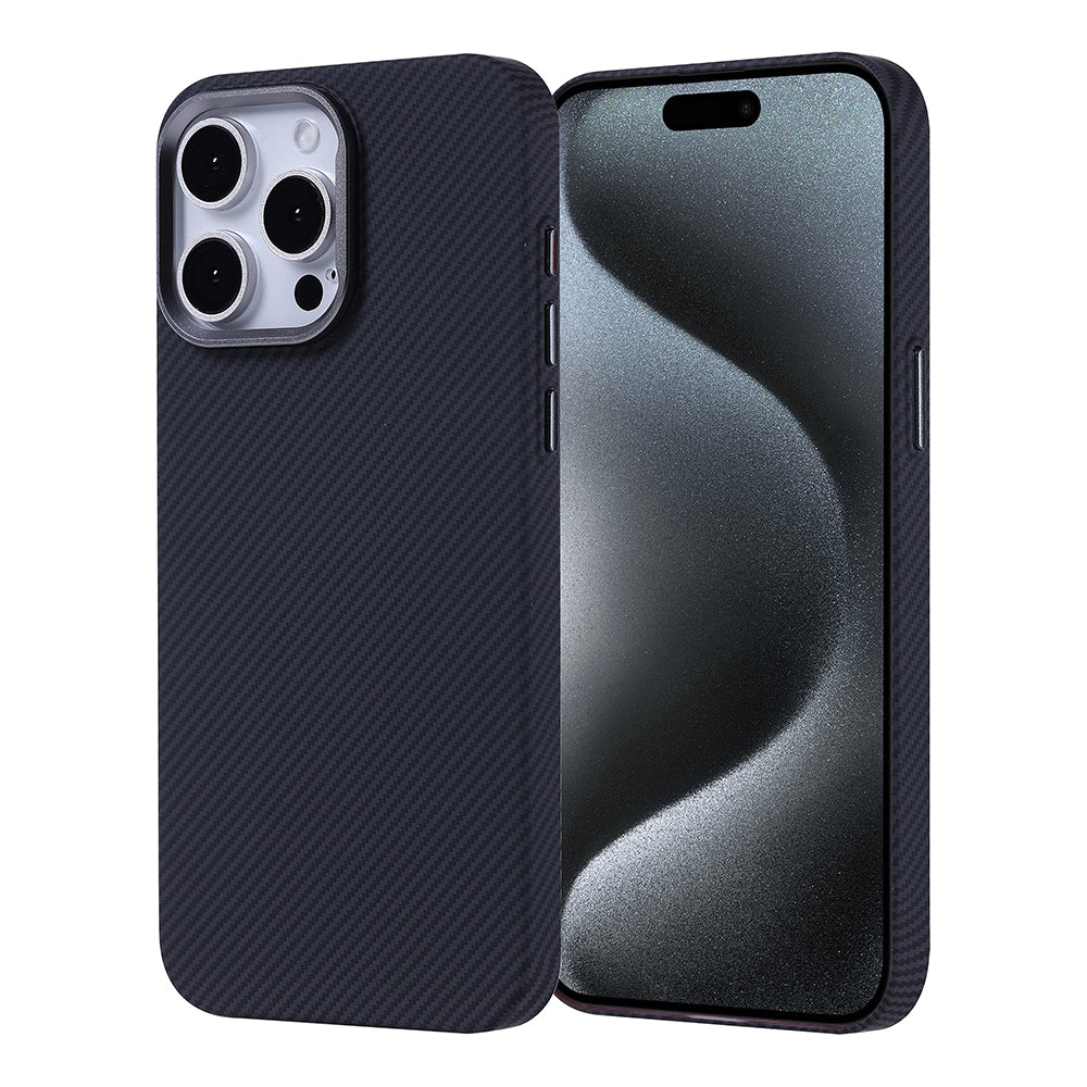 Apple iPhone 15 Pro Max Kılıf M-safe Şarj Özellikli Karbon Fiber Görünümlü Zore Nekst Kapak Gri-Siyah