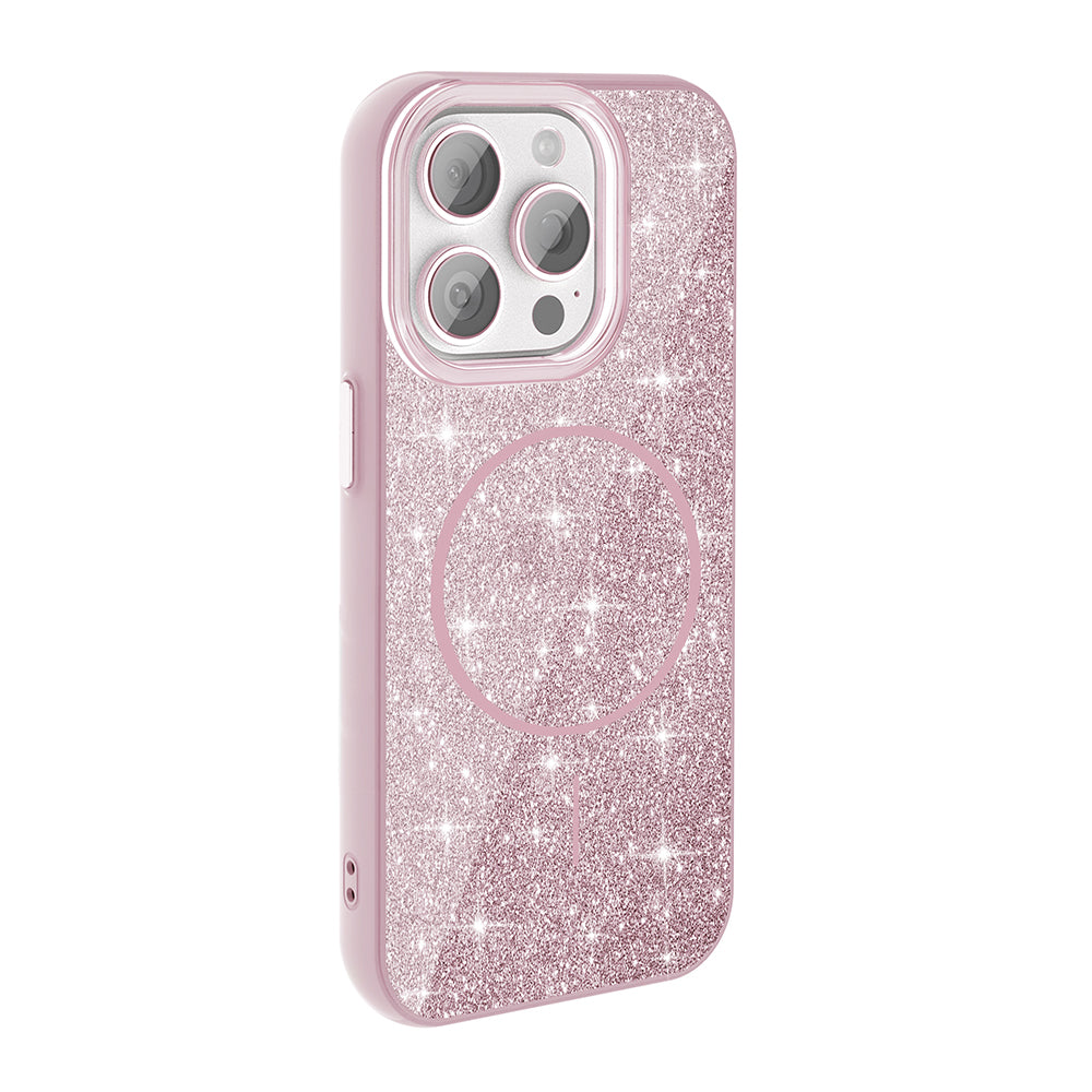 Apple iPhone 15 Pro Max Kılıf M-safe Şarj Özellikli Parlayan Simli Zore Okso Kapak Gold