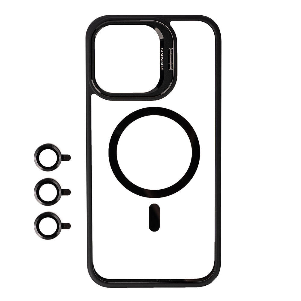 Apple iPhone 15 Pro Max Kılıf M-safe Şarj Özellikli Standlı Zore M-safe Klon Lensli Kapak Siyah