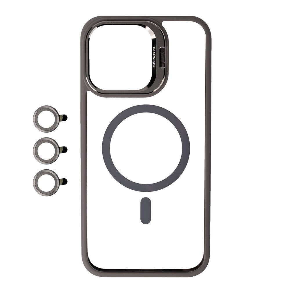 Apple iPhone 15 Pro Max Kılıf M-safe Şarj Özellikli Standlı Zore M-safe Klon Lensli Kapak Gri