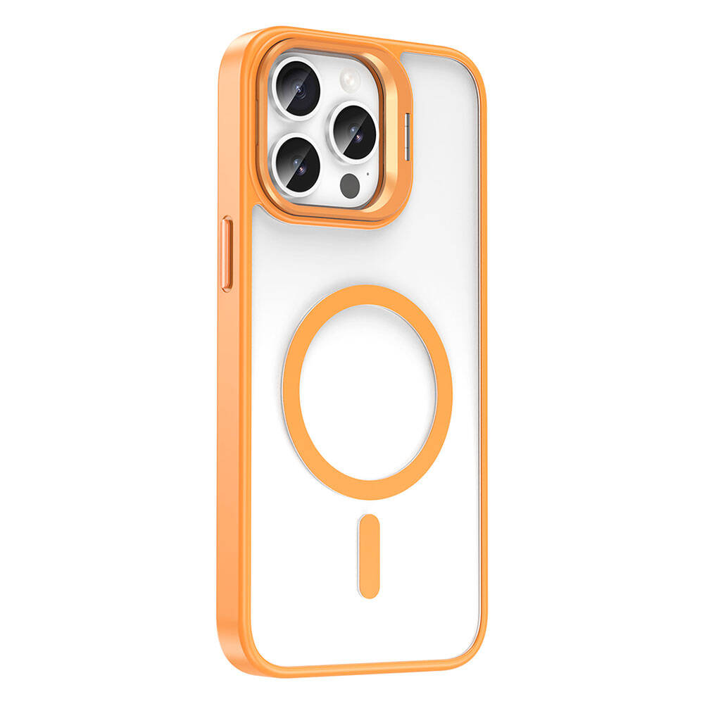 Apple iPhone 15 Pro Max Kılıf M-safe Şarj Özellikli Standlı Zore M-safe Klon Lensli Kapak Turuncu