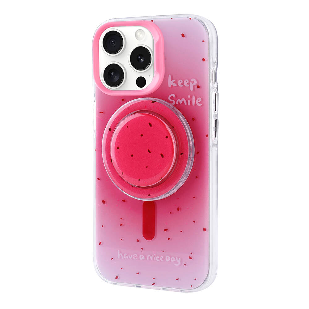 Apple iPhone 15 Pro Max Kılıf M-safe Şarj Özellikli Tak-Çıkar Pop Soketli Zore Tiktok Kapak Pembe Koyu