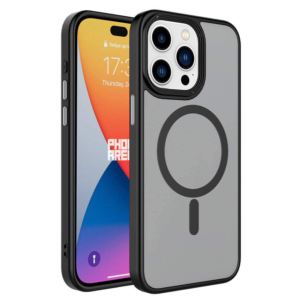 Apple iPhone 15 Pro Max Kılıf Mat Arka Yüzey Wireless Şarj Özellikli Zore Flet M-safe Kapak Siyah