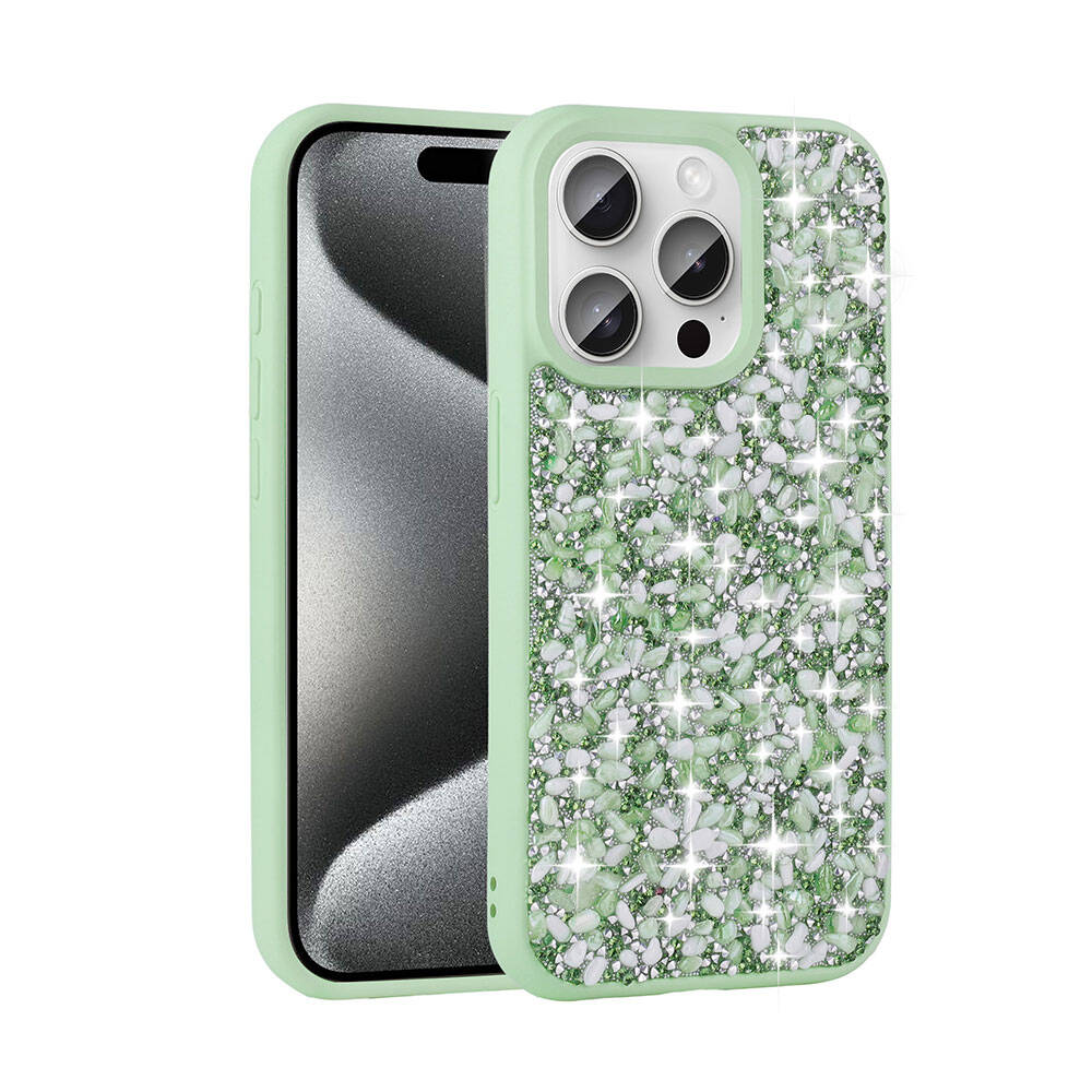 Apple iPhone 15 Pro Max Kılıf Parlak Taşlı Tasarım Zore Linea Diamond Kapak Mavi Açık