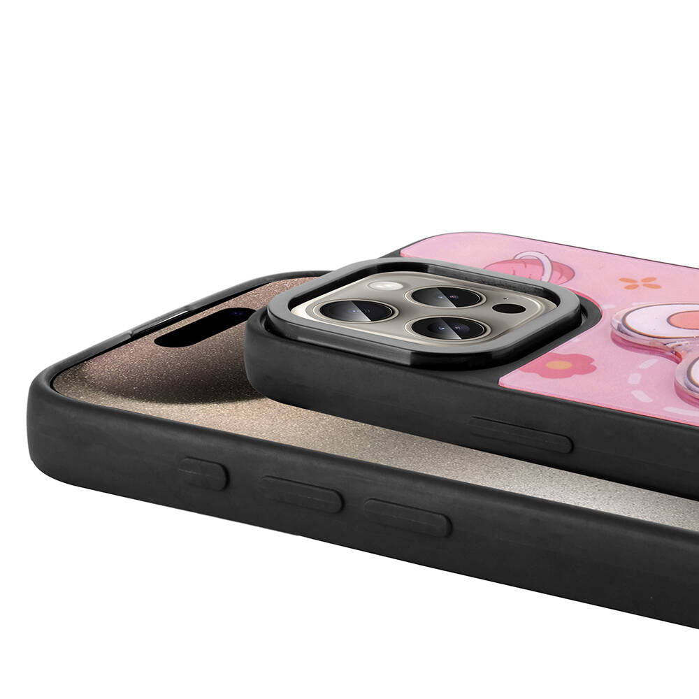 Apple iPhone 15 Pro Max Kılıf Parlayan Kabartmalı İkonik Figürlü Zore Amas Silikon Kapak Siyah
