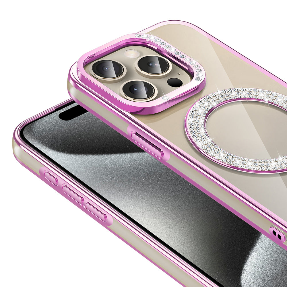 Apple iPhone 15 Pro Max Kılıf Pırlanta Taş Tasarımlı M-safe Şarj Özellikli Zore Karetta Silikon Kapak Mavi