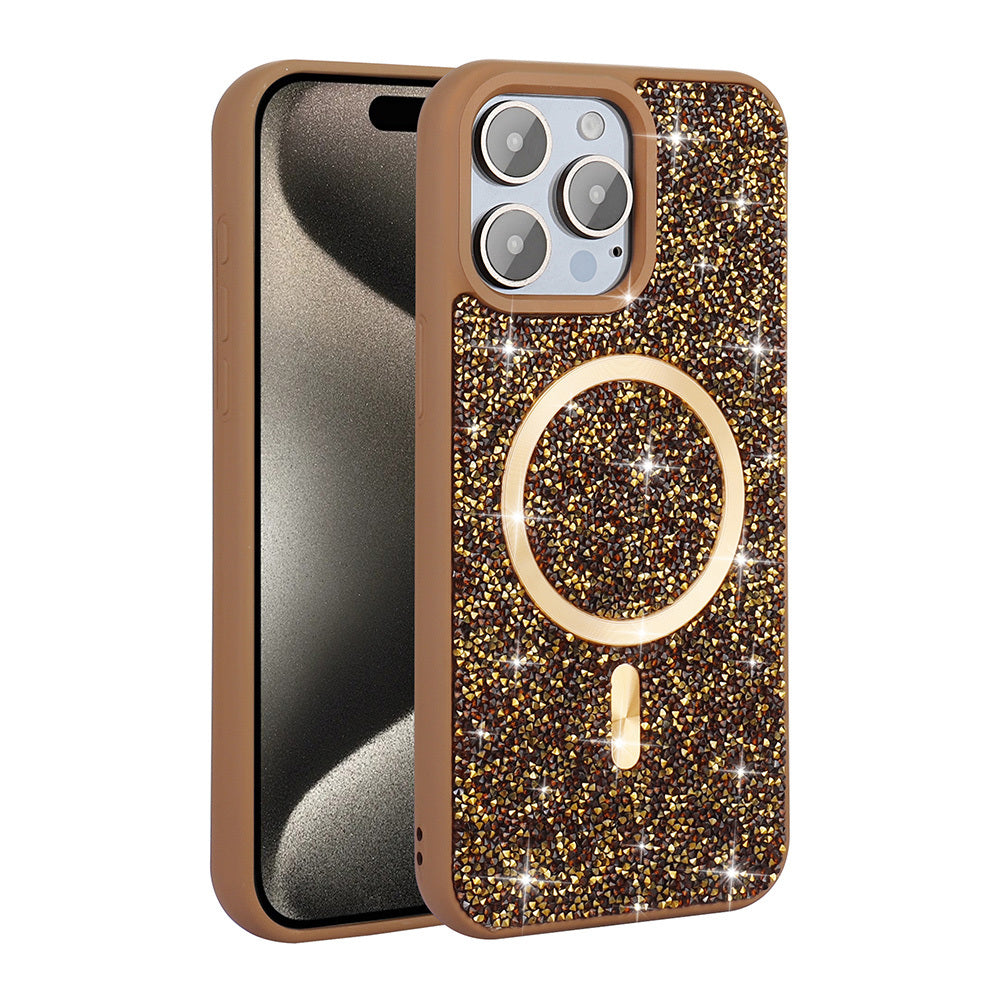 Apple iPhone 15 Pro Max Kılıf Pırlanta Tasarımlı M-safe Şarj Özellikli Zore Mozaik Silikon Kapak Desert Titanyum