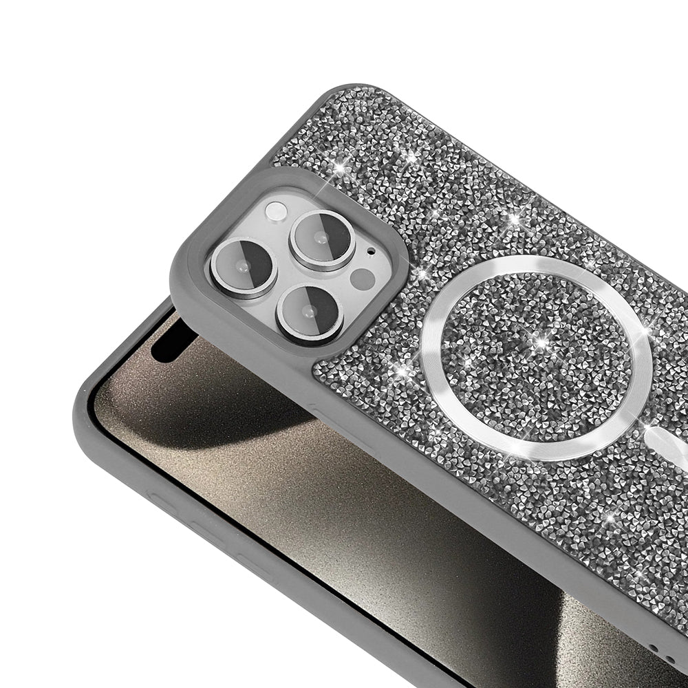 Apple iPhone 15 Pro Max Kılıf Pırlanta Tasarımlı M-safe Şarj Özellikli Zore Mozaik Silikon Kapak Titanyum-Gri