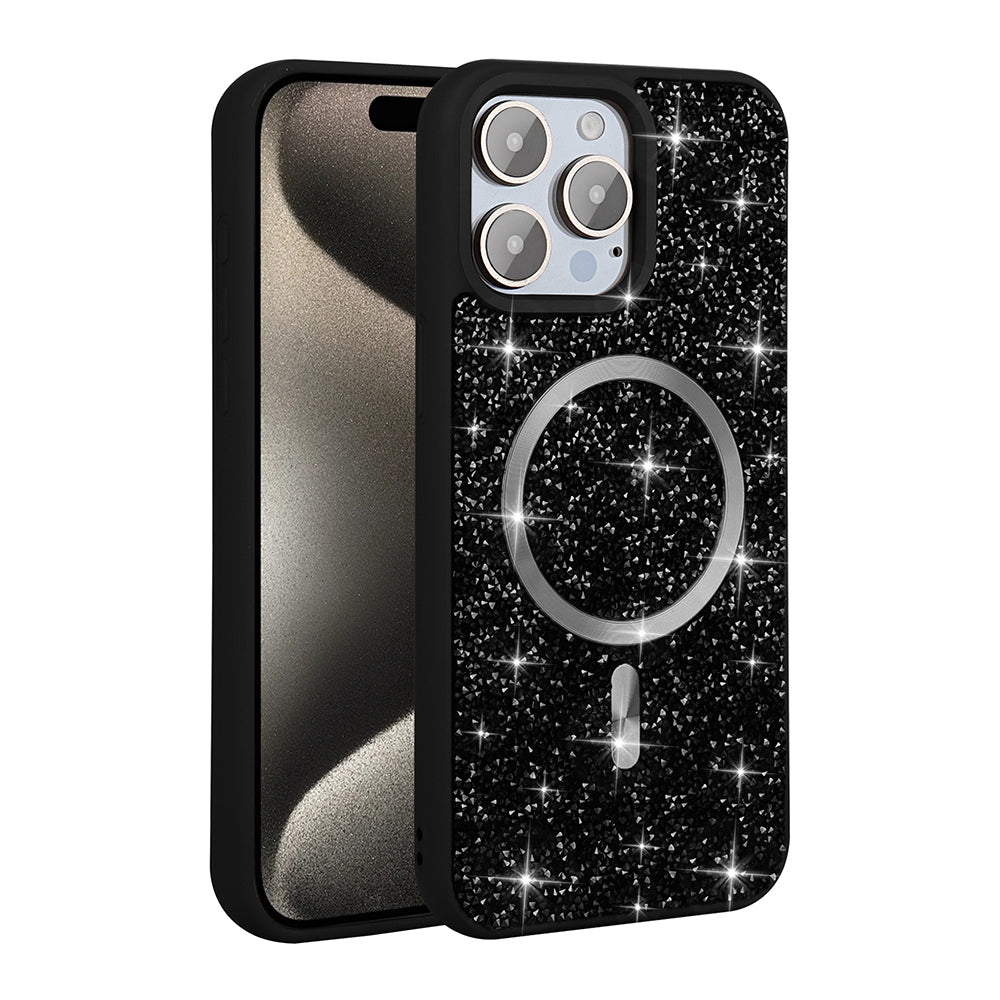 Apple iPhone 15 Pro Max Kılıf Pırlanta Tasarımlı M-safe Şarj Özellikli Zore Mozaik Silikon Kapak Titanyum-Gri