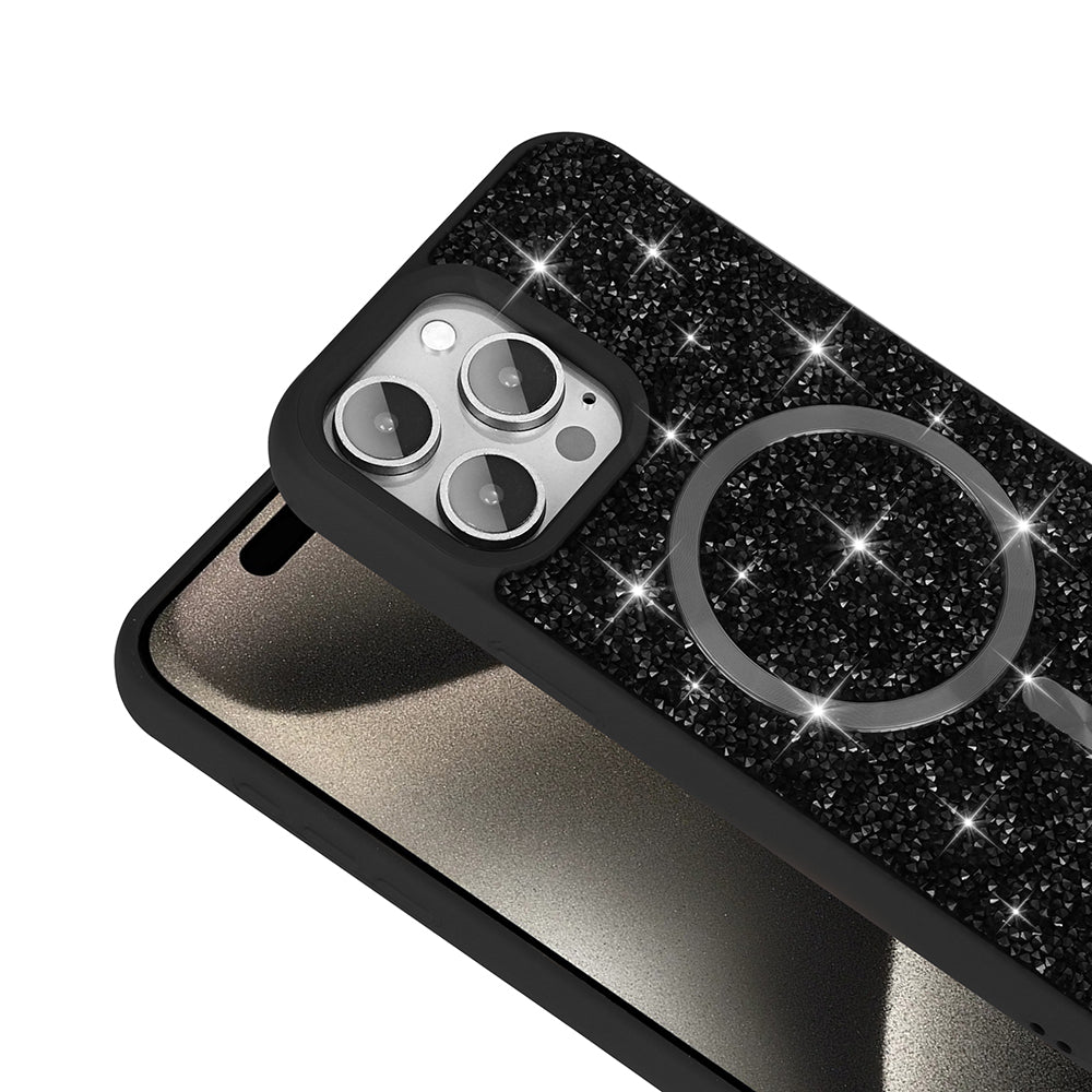 Apple iPhone 15 Pro Max Kılıf Pırlanta Tasarımlı M-safe Şarj Özellikli Zore Mozaik Silikon Kapak Siyah