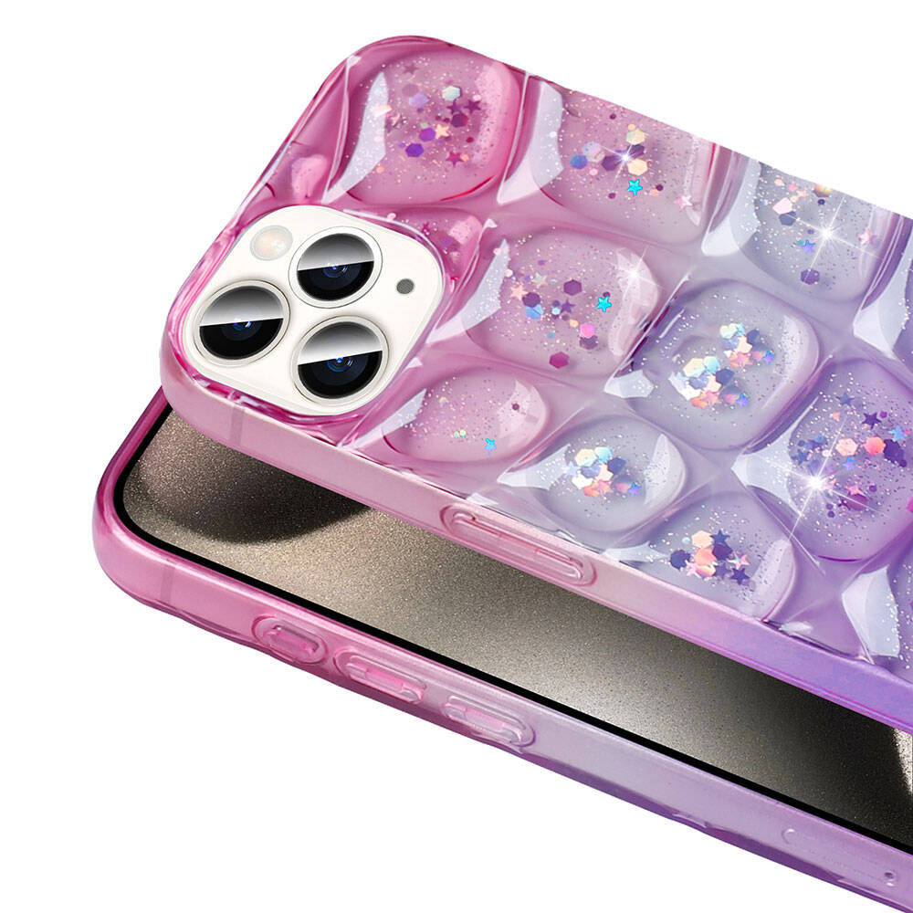 Apple iPhone 15 Pro Max Kılıf Simli 3D Desenli Zore Hacar Kapak Pembe-Mor