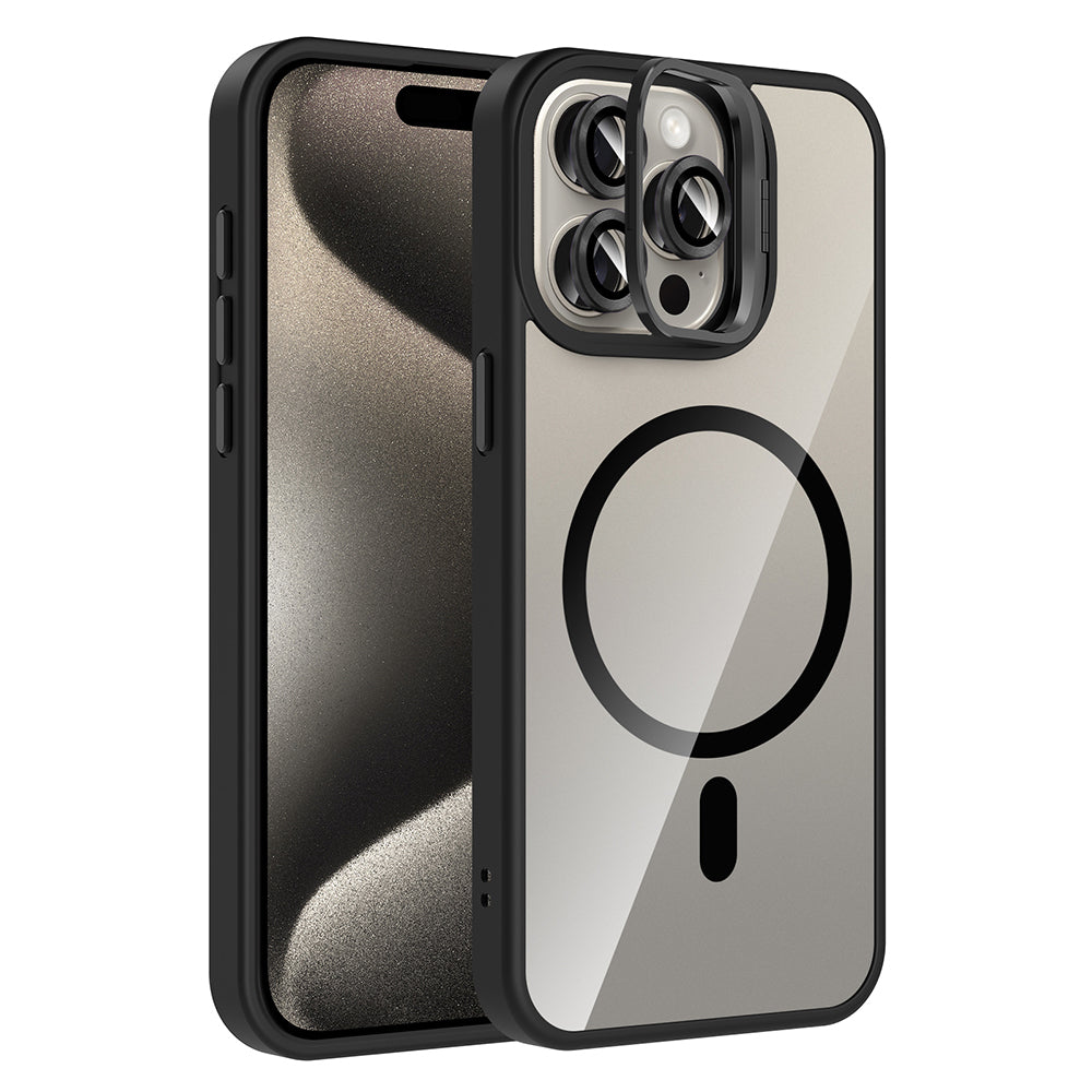 Apple iPhone 15 Pro Max Kılıf Standlı ve Kamera Lens Hediyeli M-Safe Şarj Özellikli Zore Etro Kapak Siyah