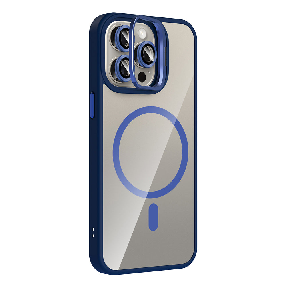 Apple iPhone 15 Pro Max Kılıf Standlı ve Kamera Lens Hediyeli M-Safe Şarj Özellikli Zore Etro Kapak Derin Mor