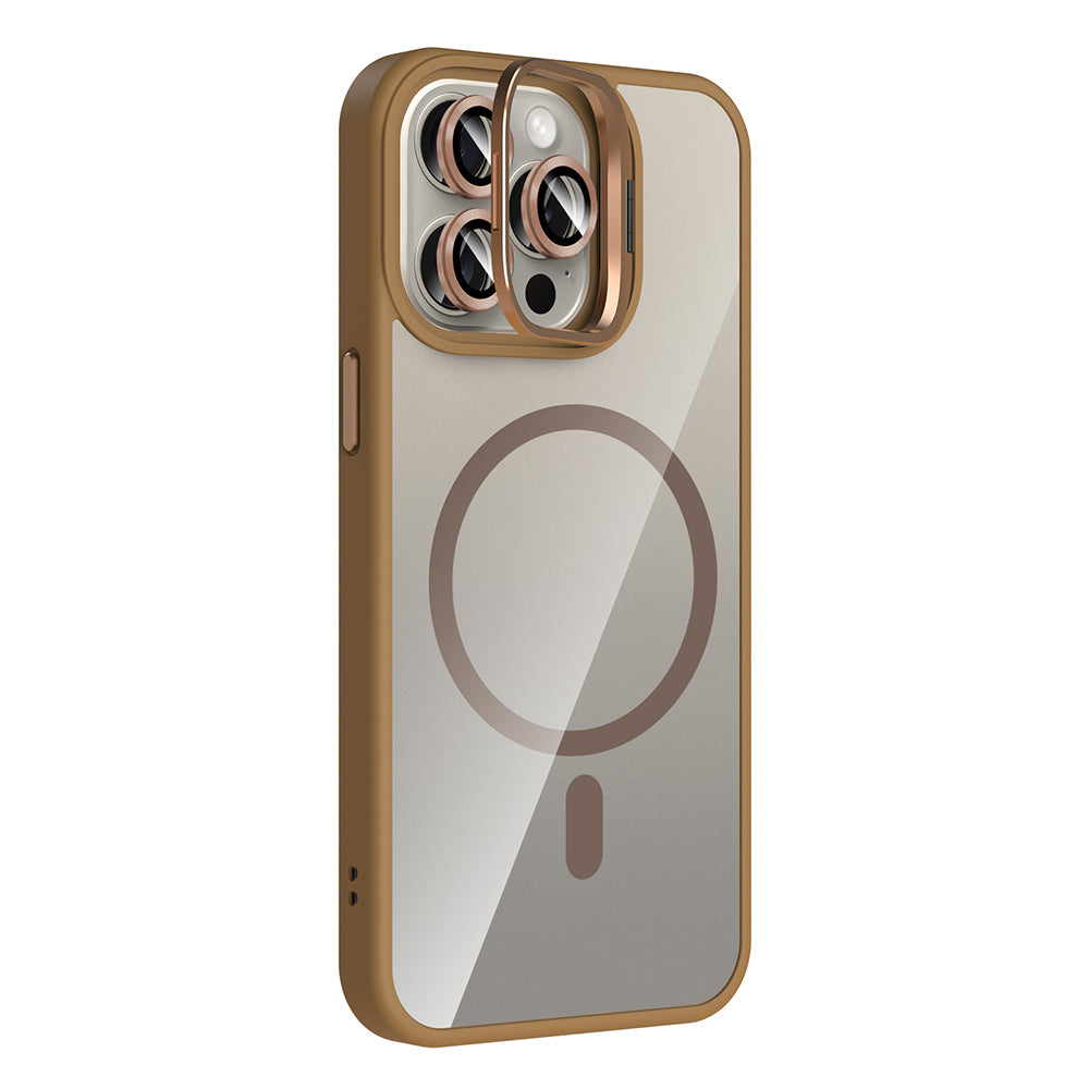 Apple iPhone 15 Pro Max Kılıf Standlı ve Kamera Lens Hediyeli M-Safe Şarj Özellikli Zore Etro Kapak Pembe