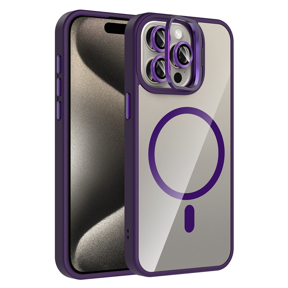 Apple iPhone 15 Pro Max Kılıf Standlı ve Kamera Lens Hediyeli M-Safe Şarj Özellikli Zore Etro Kapak Derin Mor