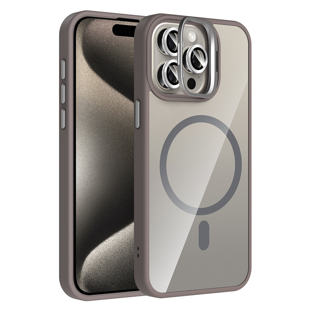 Apple iPhone 15 Pro Max Kılıf Standlı ve Kamera Lens Hediyeli M-Safe Şarj Özellikli Zore Etro Kapak Gri