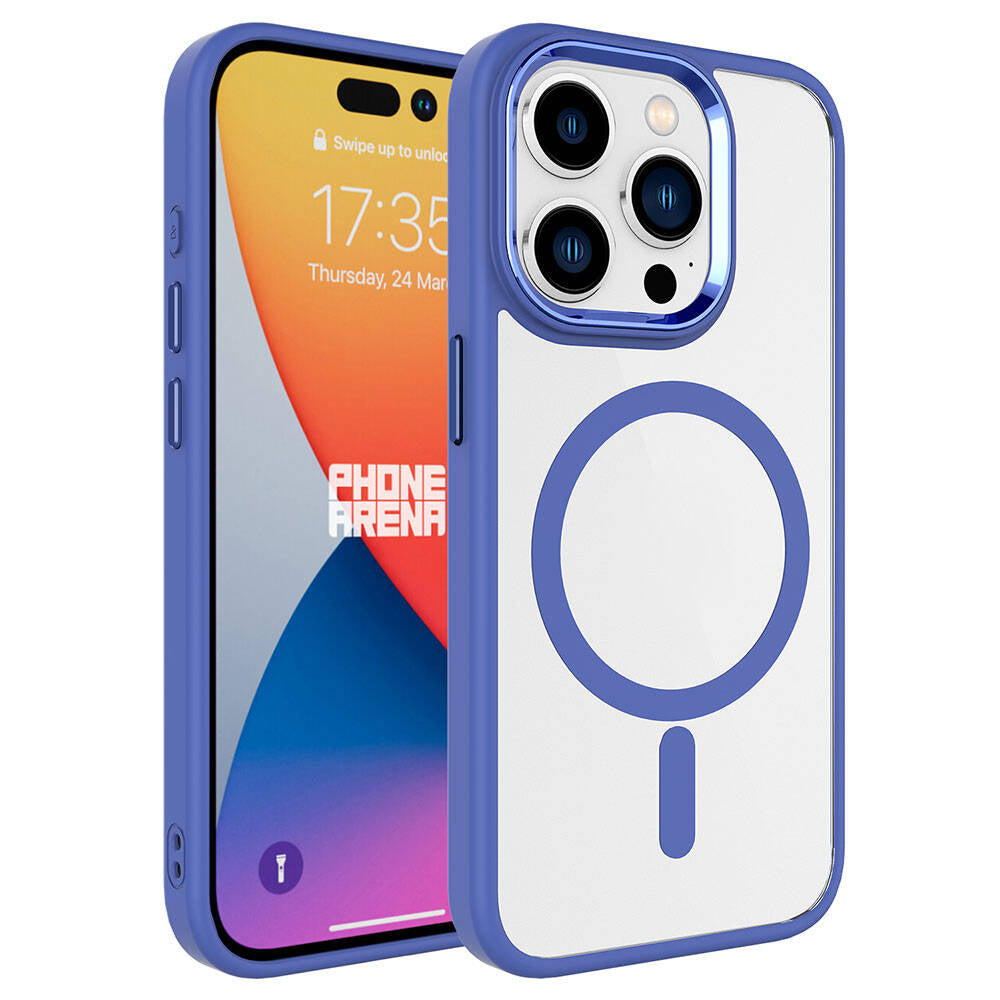 Apple iPhone 15 Pro Max Kılıf Wireless Şarj Özellikli Zore Krom M-safe Silikon Kapak Mavi