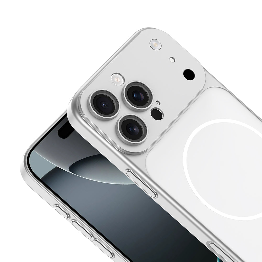 Apple iPhone 15 Pro Max Kılıf Zore M-Safe Şarj Özellikli Kamera Korumalı Spark Kapak Gümüş
