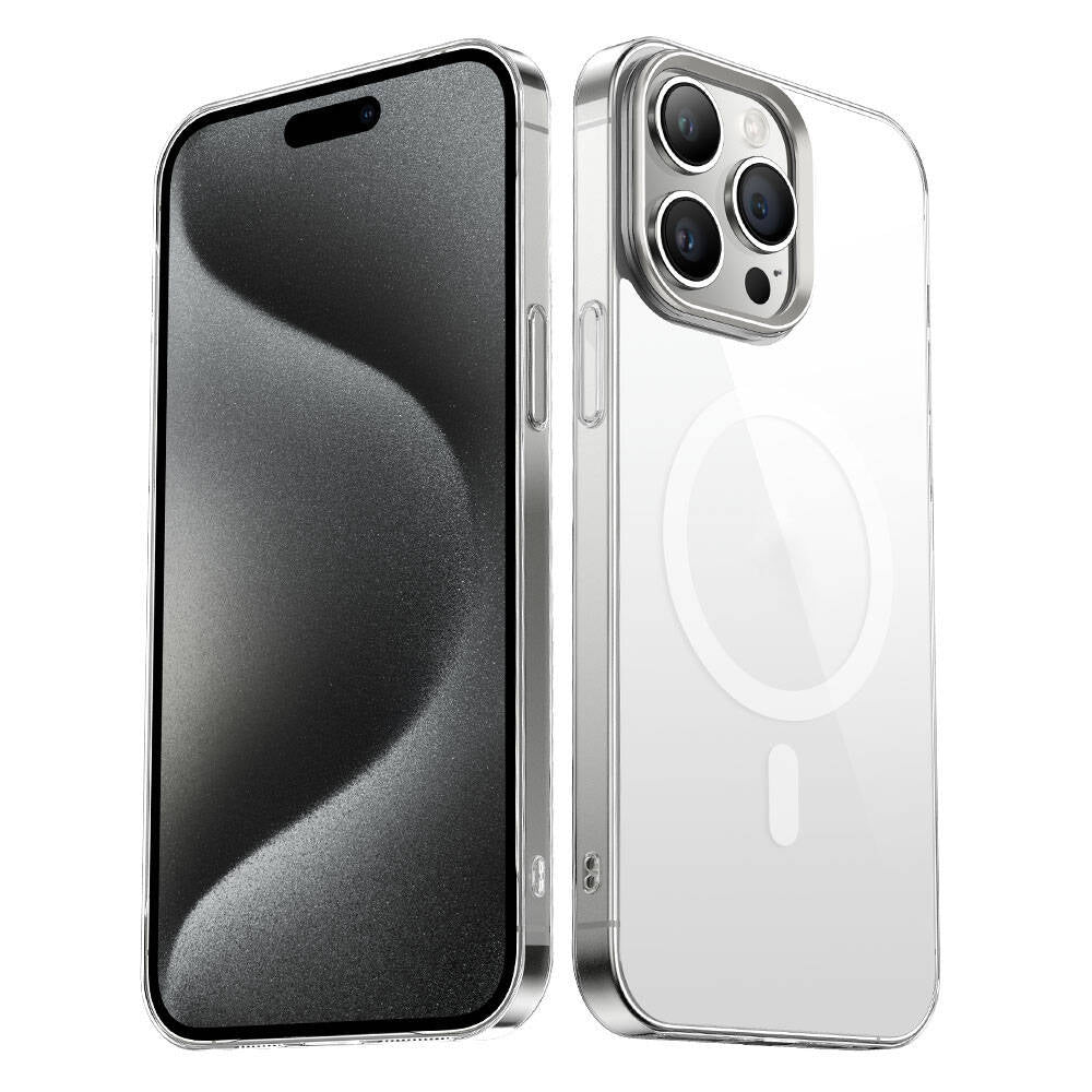Apple iPhone 15 Pro Max Kılıf Zore Wireless Şarj Özellikli Şeffaf G-Glass Kapak Lacivert