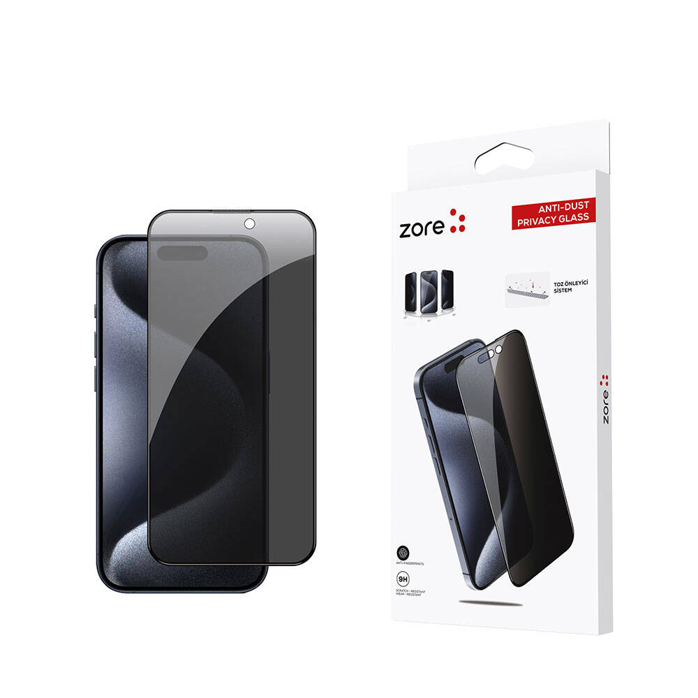 Apple iPhone 15 Pro Zore Anti-Dust Privacy Temperli Ekran Koruyucu Siyah